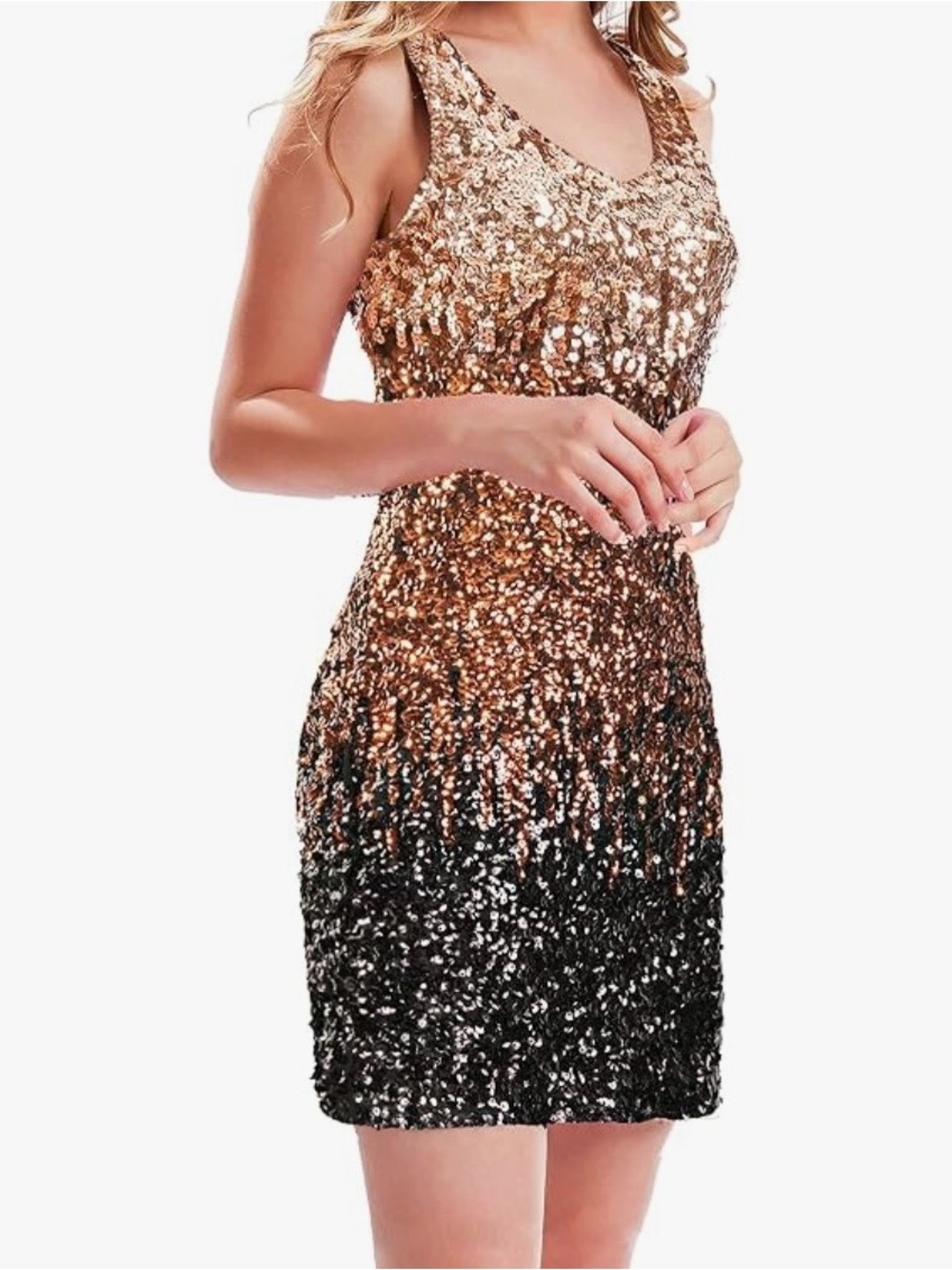 Sleeveless Gold & Black Ombre Sequin Cocktail Dress